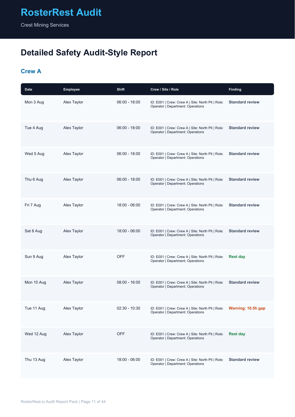 RosterRest sample audit detailed safety audit-style report preview