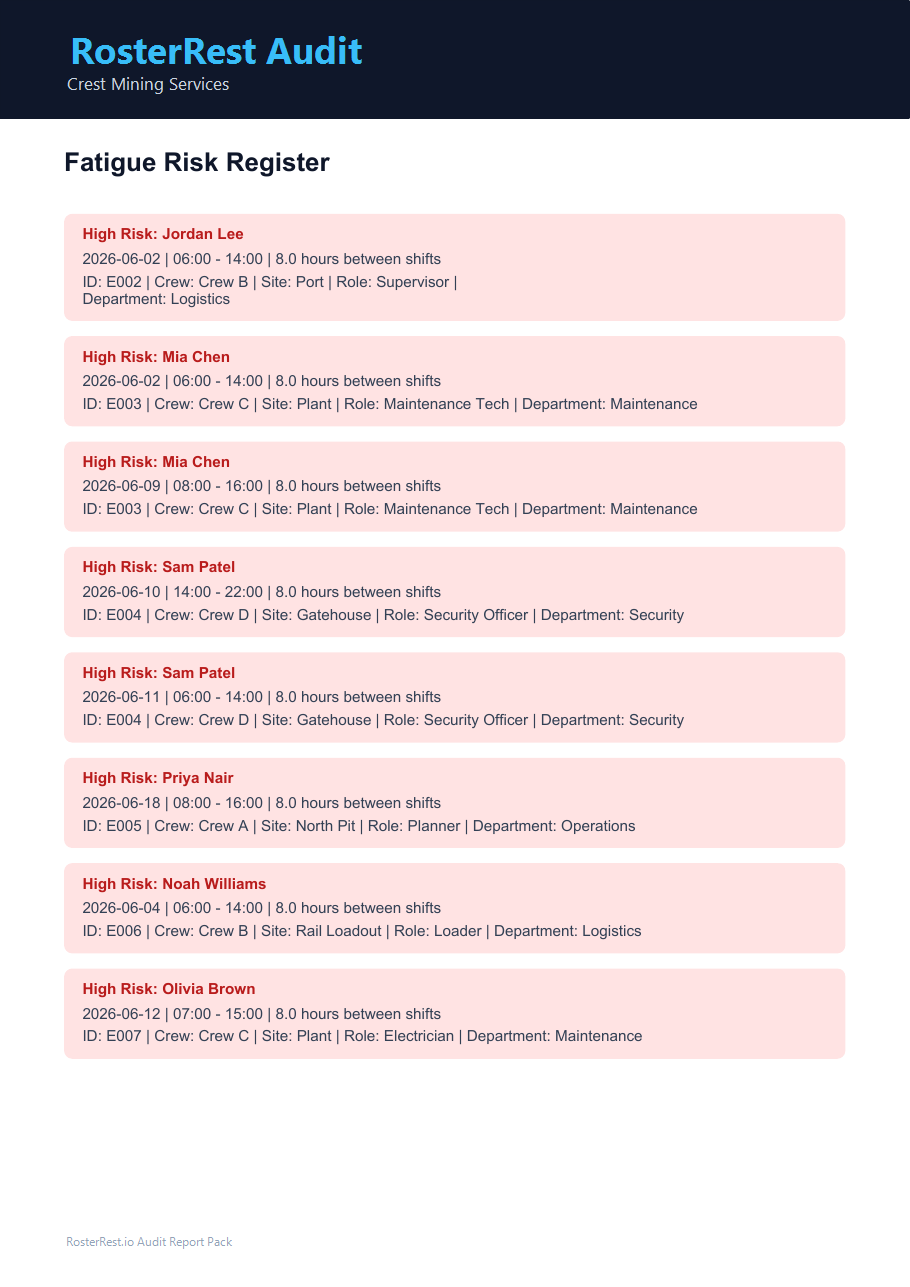 RosterRest sample audit fatigue risk register preview