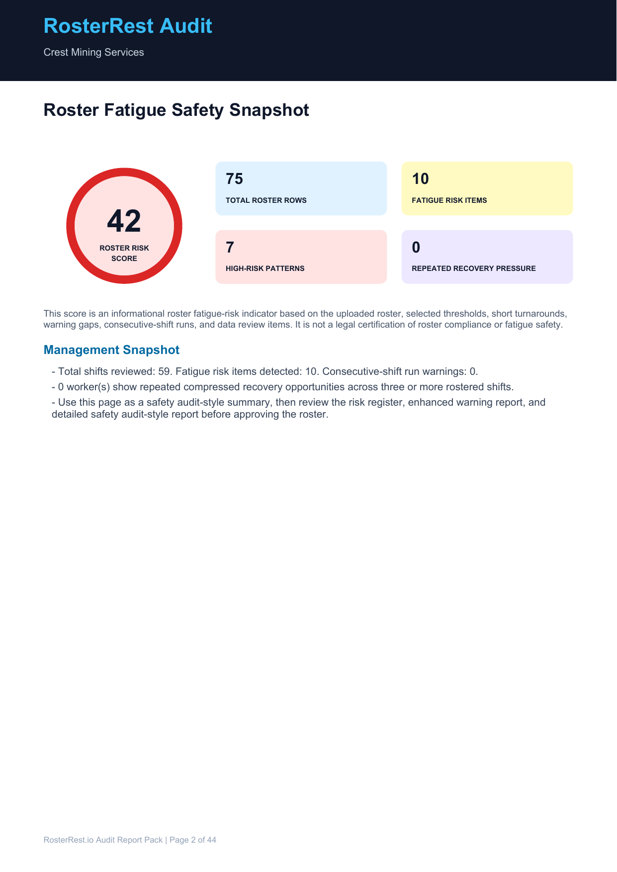 RosterRest sample audit safety snapshot preview